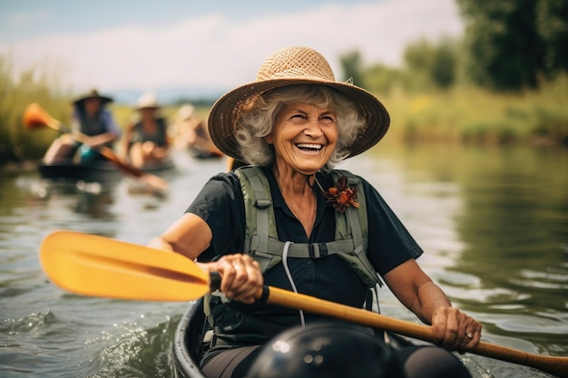 Retrato de uma mulher idosa feliz com um chapéu em um caiaque flutuando com amigos no rio