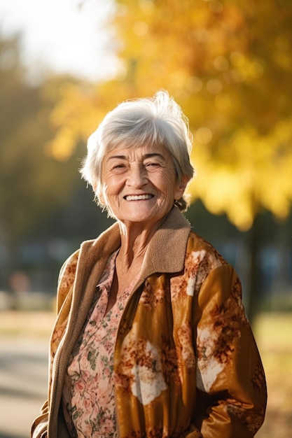 Retrato de uma mulher idosa feliz desfrutando do dia em um parque aberto