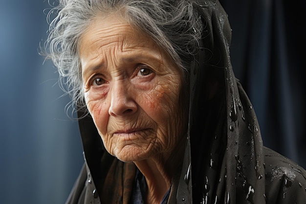 Retrato de uma mulher idosa nos olhos de chuva cheios de tristeza olhando para a câmera