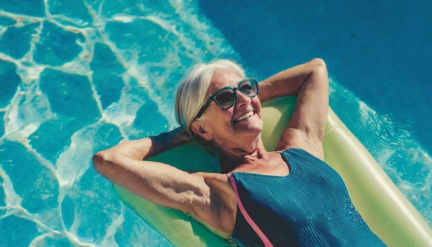 Retrato de uma mulher idosa relaxando em um colchão inflável na piscina