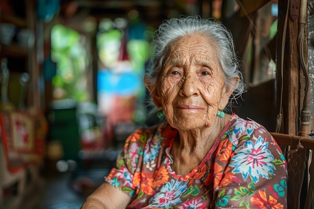 Retrato de uma mulher idosa sábia com vestido tradicional sentada em um cenário caseiro com cores vivas