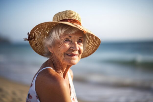 Foto retrato de uma mulher idosa se divertindo na praia