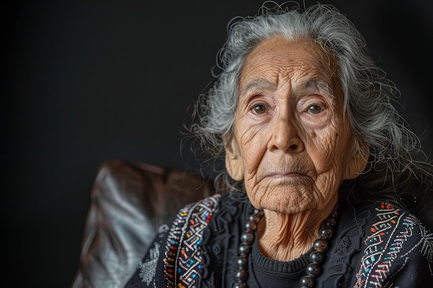 Retrato de uma mulher idosa serena com roupas tradicionais e colar em um fundo escuro