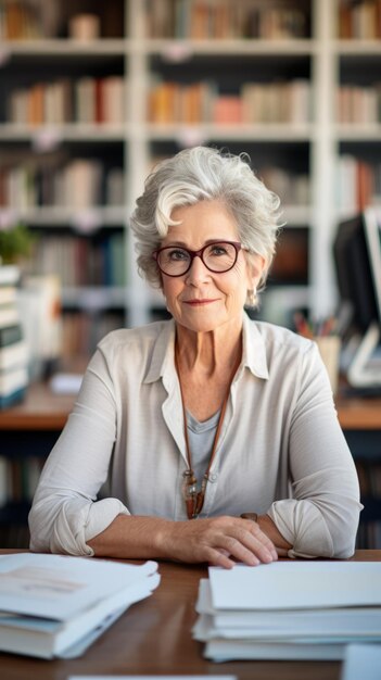 Foto retrato de uma mulher idosa sorridente com cabelos grisalhos e óculos sentada em uma mesa em uma biblioteca