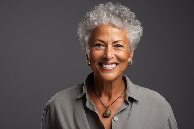 Retrato de uma mulher idosa sorridente com cabelos grisalhos