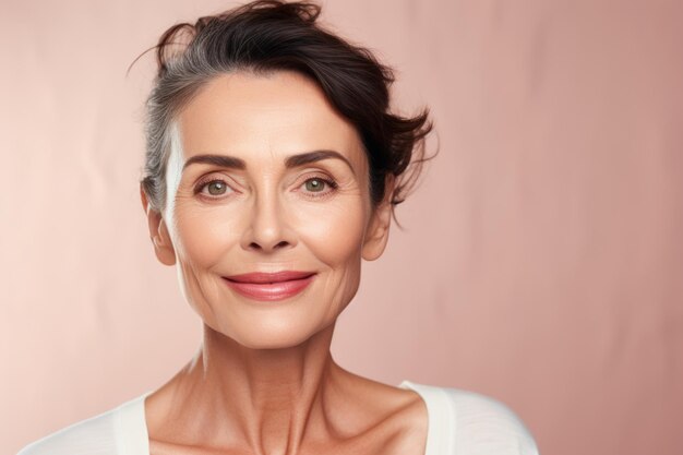 Retrato de uma mulher idosa sorridente com um rosto apertado e bem cuidadoso em um fundo rosa