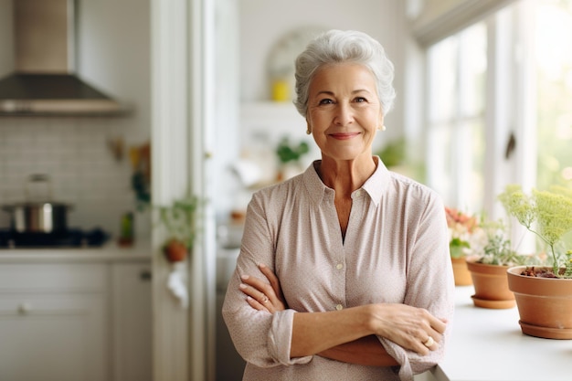Retrato de uma mulher idosa sorridente de pé com os braços cruzados na cozinha em casa