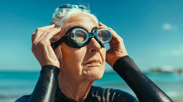 Retrato de uma mulher idosa vestindo óculos de natação na praia, nadando ao ar livre