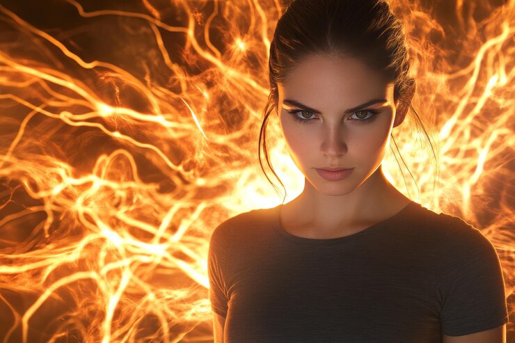 Foto retrato de uma mulher iluminada por circuitos neurais brilhantes simbolizando força mental resiliência a