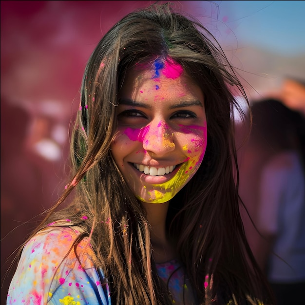 Retrato de uma mulher indiana feliz celebrando Holi com cores em pó Conceito do festival indiano Holi