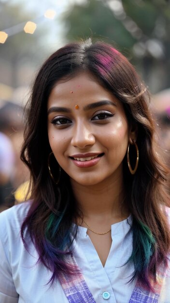 Retrato de uma mulher indiana feliz celebrando Holi com cores em pó ou gulal