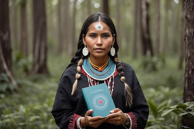 Foto retrato de uma mulher indígena com um livro