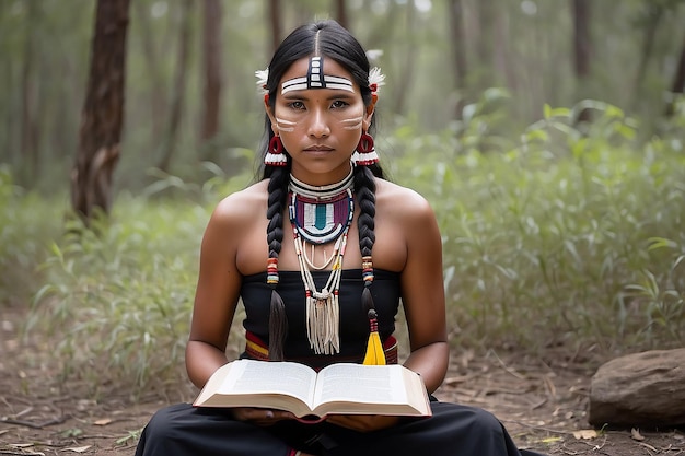 Foto retrato de uma mulher indígena com um livro