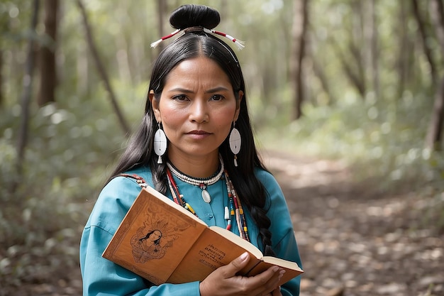 Retrato de uma mulher indígena com um livro
