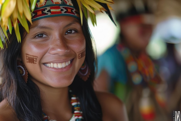 Foto retrato de uma mulher indígena olhando para a câmera sorrindo e feliz