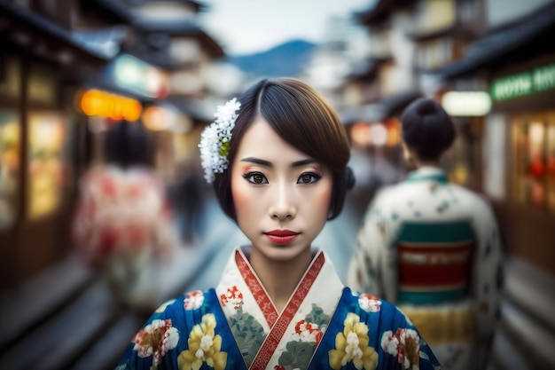 Retrato de uma mulher japonesa em roupas nacionais rede neural gerada por ai