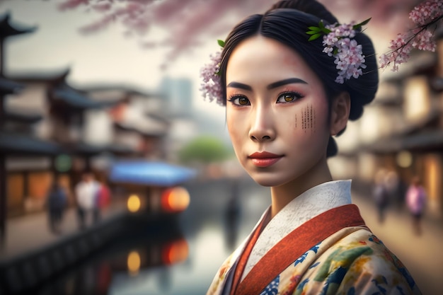 Retrato de uma mulher japonesa em roupas nacionais rede neural gerada por ai