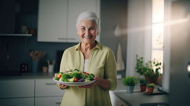 Retrato de uma mulher madura aposentada segurando um prato de salada de legumes saudável