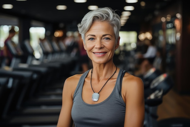 Retrato de uma mulher madura e magra sorrindo para a câmera enquanto treinava na ia generativa da academia