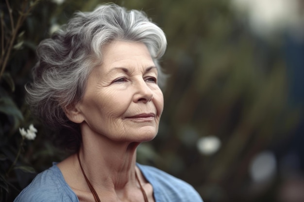 Retrato de uma mulher madura meditando fora criada com generative ai