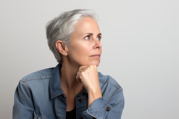 Foto retrato de uma mulher madura pensativa em camisa jeans sobre fundo branco generative ai