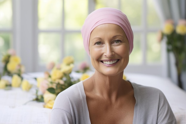 Foto retrato de uma mulher madura sorridente com lenço rosa em casa