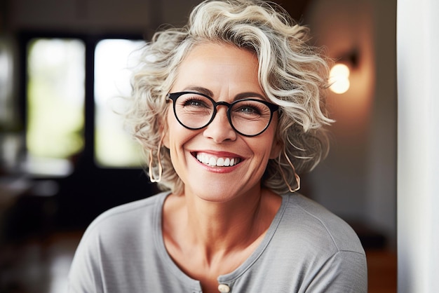 Retrato de uma mulher madura sorridente Mulher de meia idade bem sucedida em casa sorrindo Linda senhora de meia idade