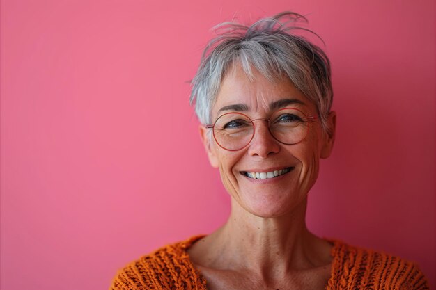 Retrato de uma mulher madura sorrindo contra um fundo rosa