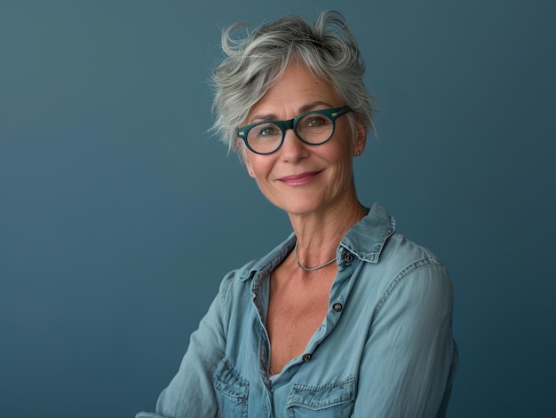 Retrato de uma mulher madura usando óculos e camisa jeans em fundo azul