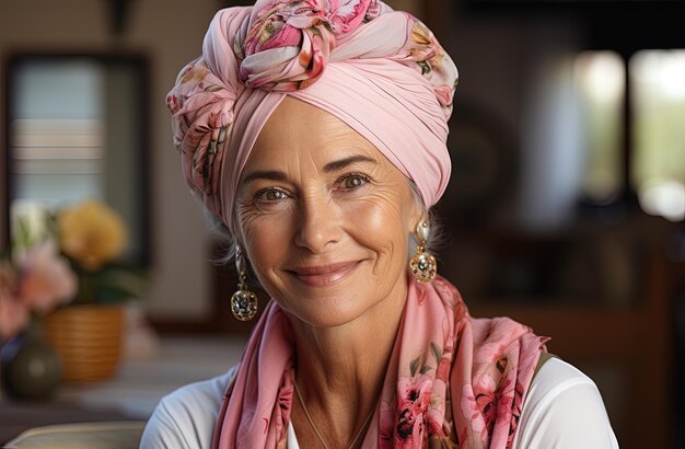 Foto retrato de uma mulher mais velha com um lenço rosa e um grande sorriso