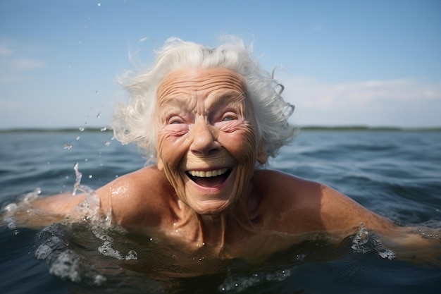 Retrato de uma mulher mais velha desfrutando de um mergulho no lago Generative Ai