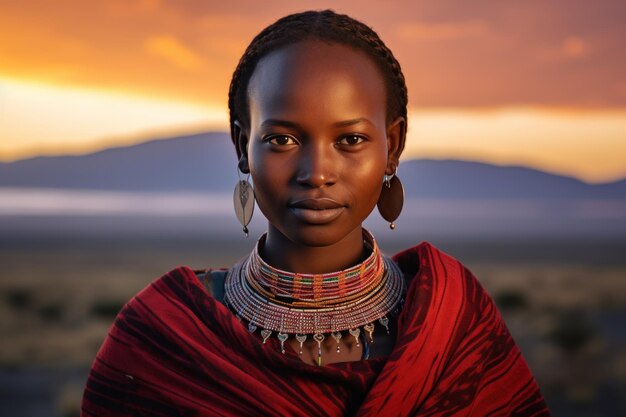 Foto retrato de uma mulher masai com o pôr-do-sol sobre as planícies africanas
