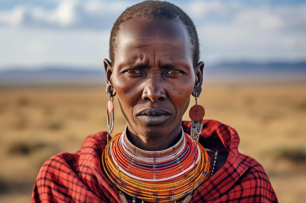 Foto retrato de uma mulher masai com um colar colorido