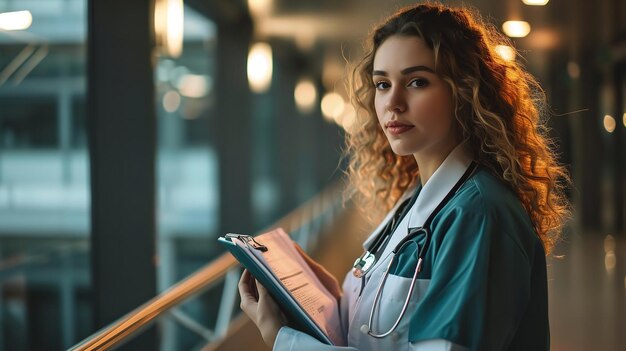 Foto retrato de uma mulher médica feliz no foco da câmera ia generativa