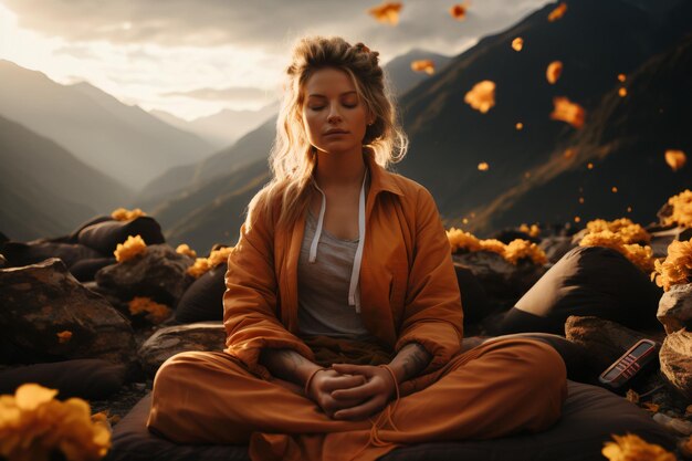Foto retrato de uma mulher meditando em meio à majestade da montanha