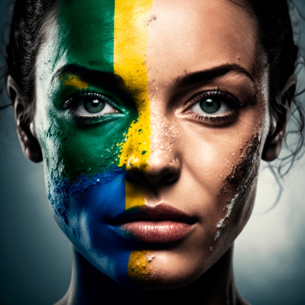 Retrato de uma mulher metade pintada na bandeira do Brasil em um fundo preto