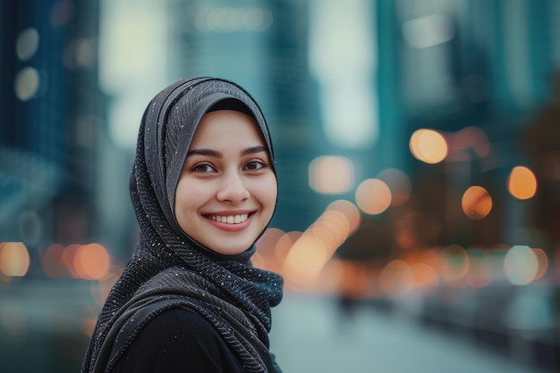 Retrato de uma mulher muçulmana feliz sorrindo e desfrutando do momento na cidade