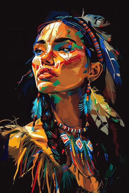 Retrato de uma mulher nativa americana vestindo um vestido de pele de cavalo com quadros de tinta de tatuagem de arte de design de camiseta