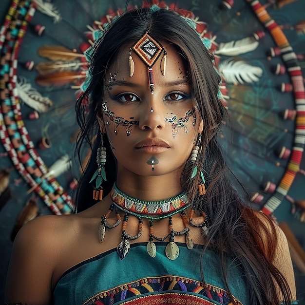 Foto retrato de uma mulher nativa com ornamentos tribais
