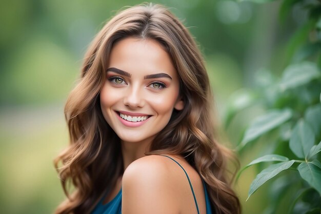 Foto retrato de uma mulher naturalmente bonita sorrindo e olhando para a câmera