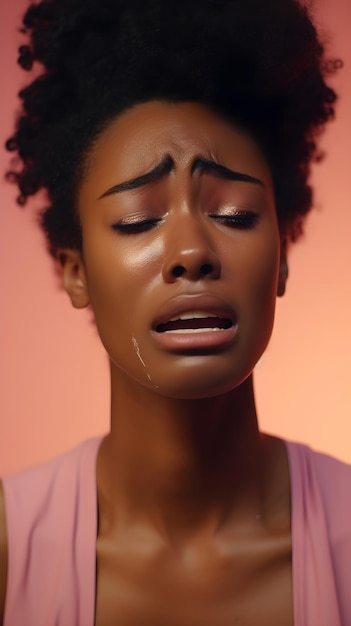 Retrato de uma mulher negra chorando contra um fundo pastel com espaço para texto gerado por IA