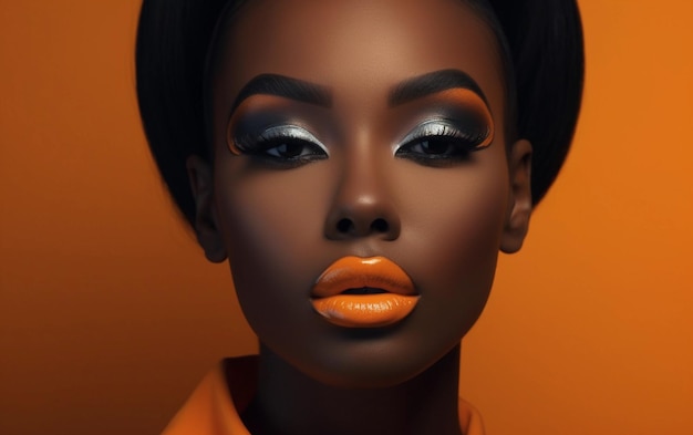 Retrato de uma mulher negra com maquiagem profissional brilhante Modelo preto com brilho laranja nos lábios e cinza