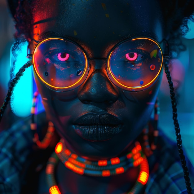 Foto retrato de uma mulher negra com olhos brilhantes e contas