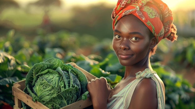 Retrato de uma mulher negra dedicada segurando uma caixa cheia de repolho fresco em suas mãos na fazenda ao ar livre