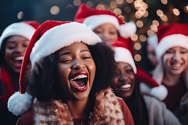 Retrato de uma mulher negra feliz com um amigo cantando música de Natal Feriado de Natal IA generativa