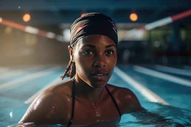 Retrato de uma mulher negra nadando em uma piscina esportiva