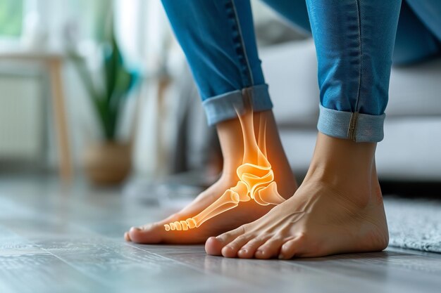 Foto retrato de uma mulher que sofre de doenças articulares enquanto está sentada em sua sala de estar com um fundo desfocado e grande espaço para texto ou produto ia geradora