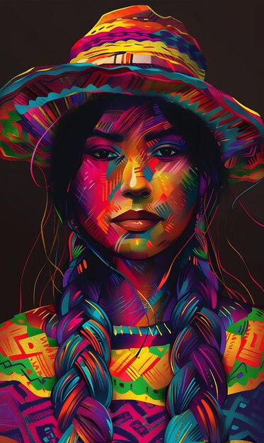 Retrato de uma mulher quechua vestindo uma camiseta tradicional Chompa Design Art Tattoo Ink Frames