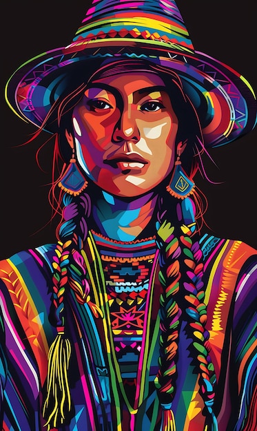 Retrato de uma mulher quechua vestindo uma camiseta tradicional Chompa Design Art Tattoo Ink Frames