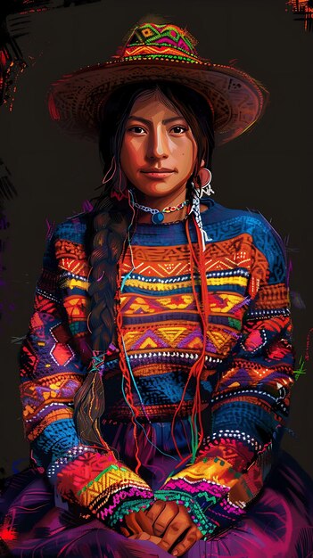 Retrato de uma mulher quechua vestindo uma camiseta tradicional Chompa Design Art Tattoo Ink Frames